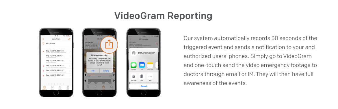 Video-Verified One touch reporting video records triggered event and sends notification to your phone